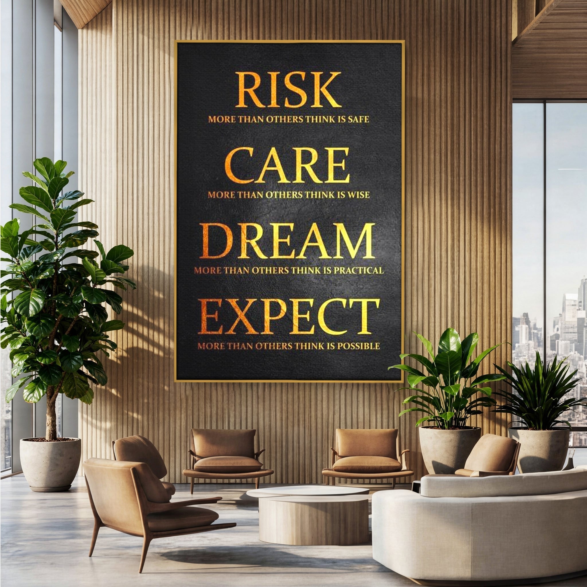 Tablou canvas cu tablou canvas cu citat motivational, in rama de aluminiu auriu, pe perete intr-un birou
